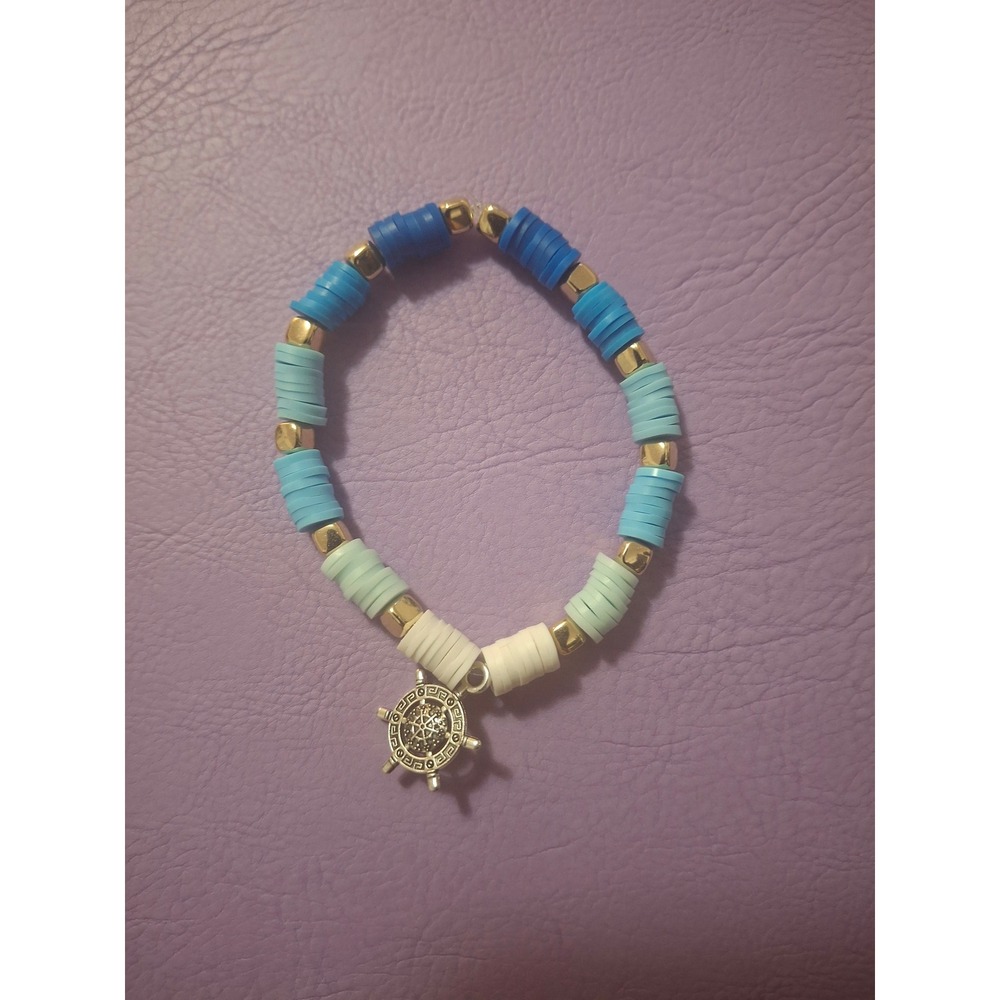 Blue Heishi Bead Stretch Bracelet Nautical Ship Wheel Charm Coastal Jewelry